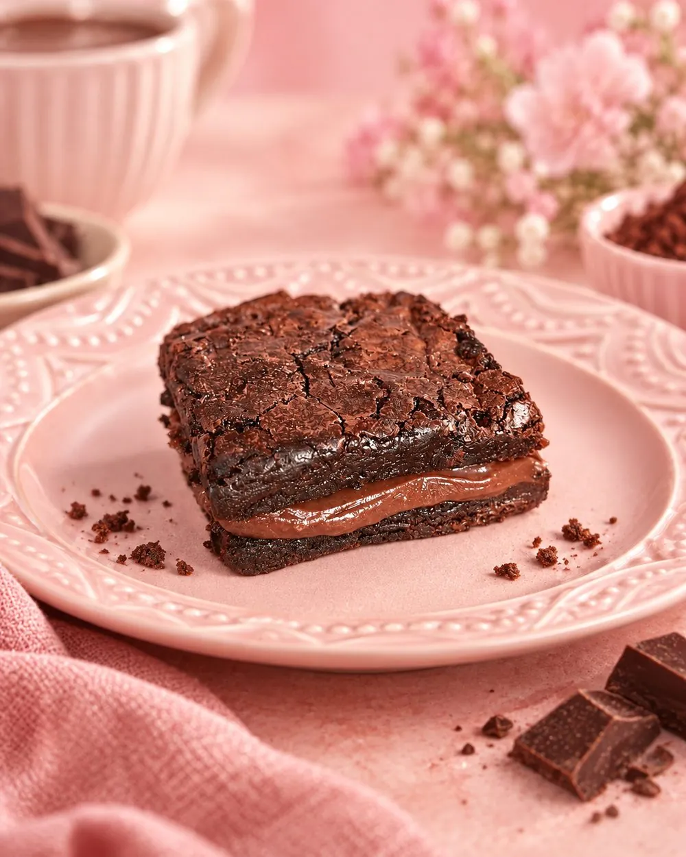 Brownie de chocolate: Chocolate nobre do começo ao fim, com recheio de brigadeiro que derrete na boca