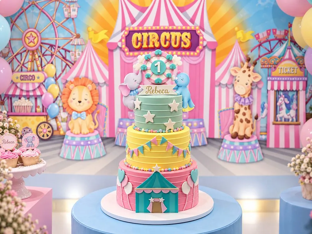 Bolo de três andares com tema de circo em rosa, amarelo e verde