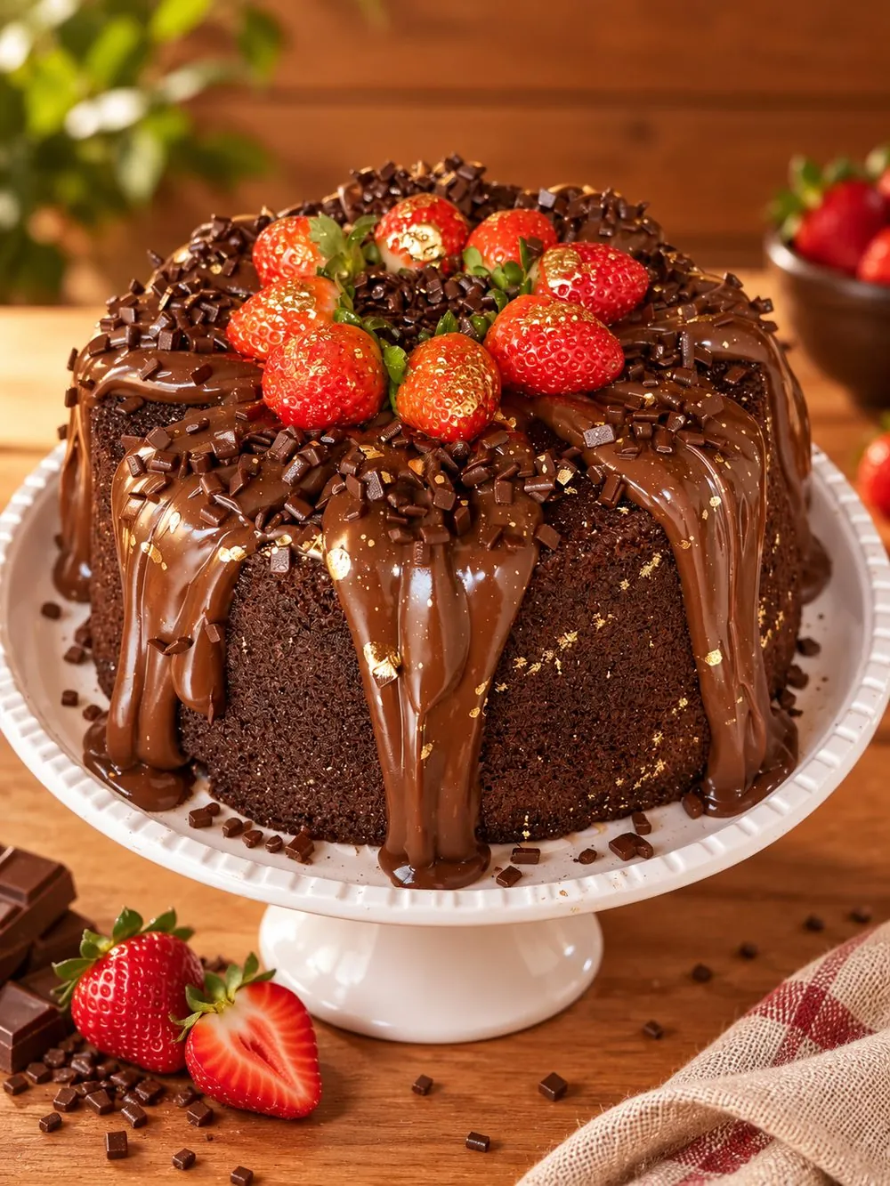 Caseiro festivo de chocolate com brigadeiro escorrendo, morangos e granulado
