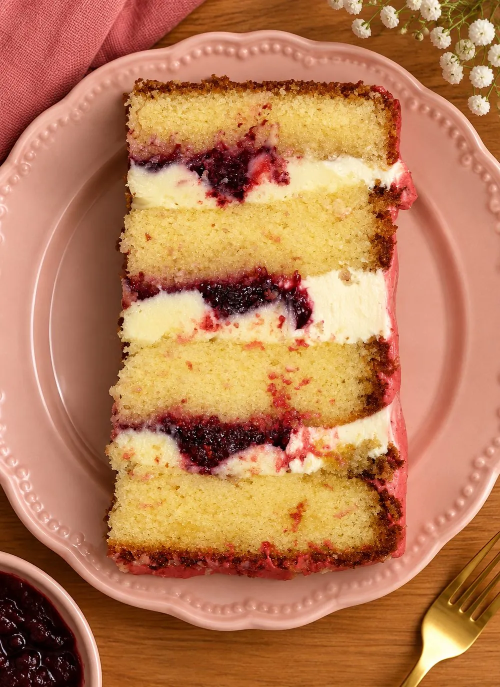 Fatia de bolo de baunilha com quatro camadas de massa e recheio de frutas vermelhas
