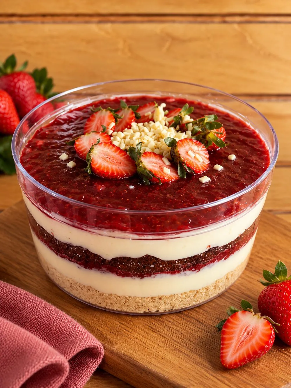 Sobremesa de cheesecake com frutas vermelhas em camadas na cake box de acrílico