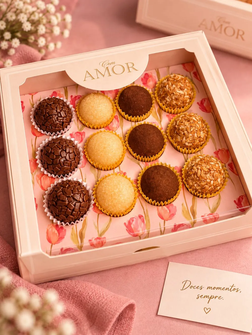 Abraço: 12 brigadeiros na caixa com visor, com sacola. Escolha de 1 a 4 sabores